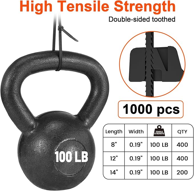 Zip Ties Assorted Size,8+12+14 Inch V-Shaped Toothed Double Sided Toothed,100 LBS Tensile Strength Heavy Duty Cable Wire Ties More Durable Nylon Tie Wraps for Indoor Outdoor（1000 Pack）