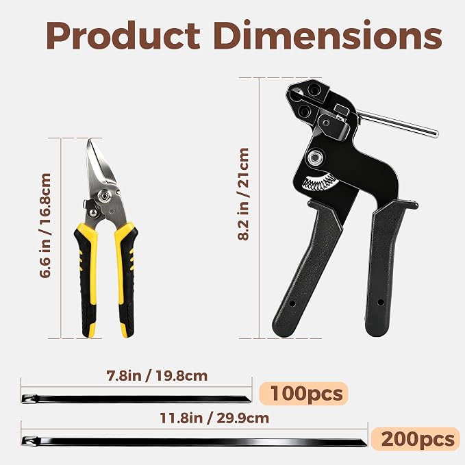 304 Stainless Steel Cable Tie Gun Kit, 300 Pcs Black | 304 stainless steel zip tie gun kit: 200 11.8in & 100 7.8in ties, cutter, tightens&cuts, rustproof for fence/farm/coop/pipe.
