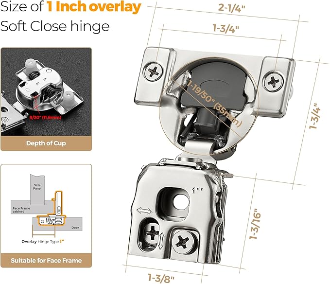 2 Pack 1 Pair 1 inch Overlay Soft Close Hinges for Kitchen Cabinet Hinges Satin Nickel Hidden Hinges Stainless Steel Concealed Hinge self Closing