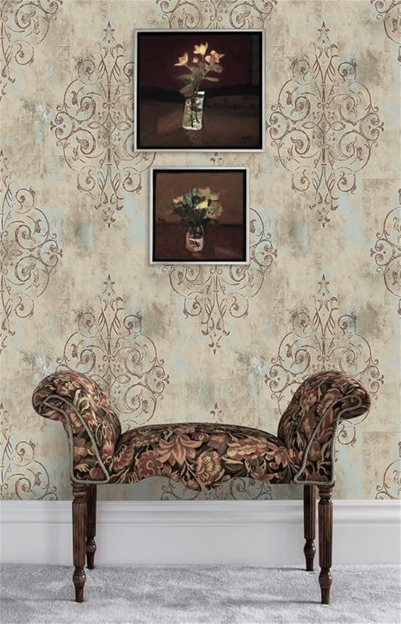 HAOKHOME Vintage French Damask Peel and Stick Wallpaper Deep Yellow/Mist Blue/Brown Vinyl Self Adhesive Wall Paper Design for Walls Bathroom Bedroom Home Decor 17.7in x 9.8ft