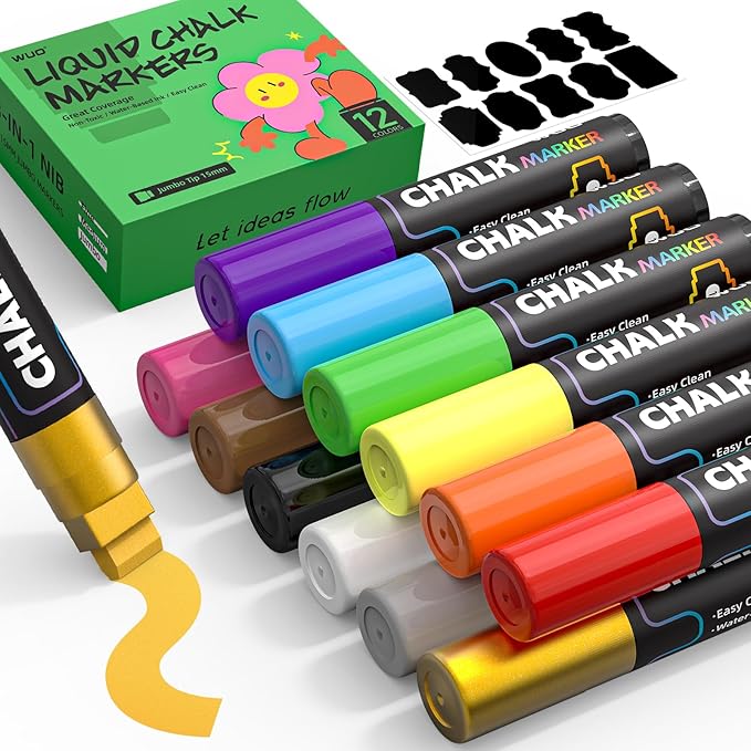 WUO 12 Colors Liquid Chalk Markers, 15mm Jumbo 3-in-1 Nib Window Chalk Markers, Washable Chalkboard Markers for Glass, Windows, Blackboards, Mirrors, Bistro Signage, and DIY Art Crafts