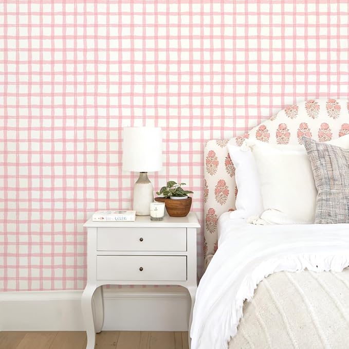 Plaid Wallpaper Peel and Stick, 17.7"x78.7" | Hand-Painted Pink, Self Adhesive, Vinyl, Removable, Boho Checkered Contact Paper for Bedroom, Living Room, Bathroom