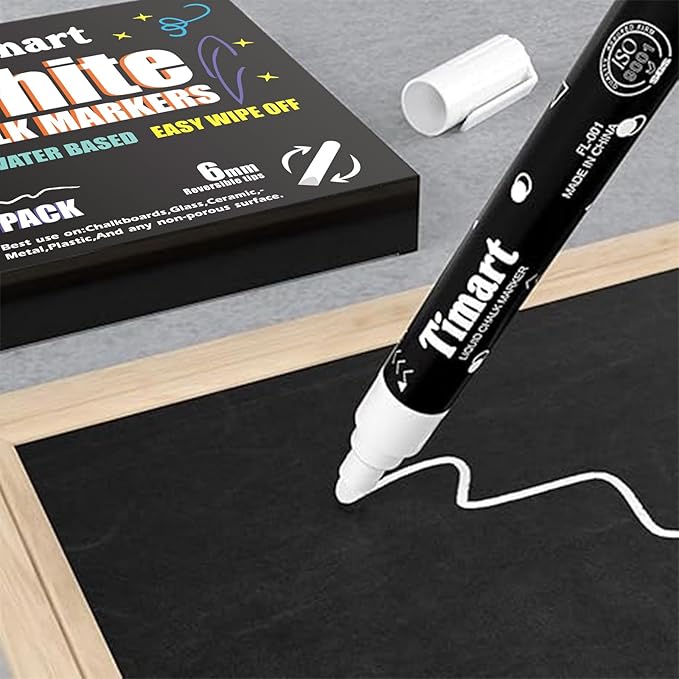 Timart 8 Pack White Chalk Markers, 6mm Liquid Chalk Markers for Chalkboards Signs, Blackboards, Windows, Glass- Reversible Tip, 24 Chalkboard Labels Included