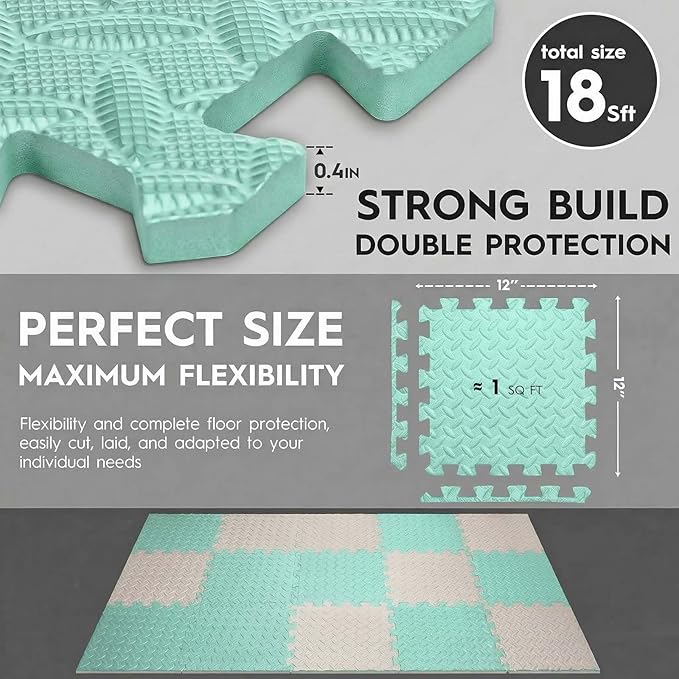18 Tiles Puzzle Exercise Mat, EVA Interlocking Foam Floor Tiles, Non-Slip, Protective, Water-Resistant Flooring for Home Gym & Workout Equipment, 12.6" x 12.6" x 0.4", 18 Sq Ft