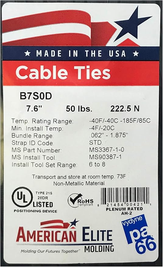 Standard Black 7" Inch Cable Zip Ties 50 Pounds Tensile Strength UV Resistant Wire Wrap - 100 Pack - Made in USA
