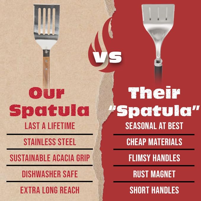 Pro BBQ Metal Spatula - 17" Barbecue Spatula Stainless Steel with Serrated Knife Edge - Acacia Wood Handle - Heavy Duty Built to Last