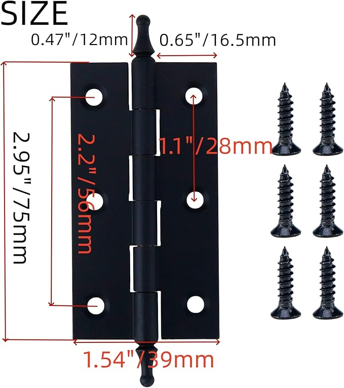 Solid Brass Folding Butt Hinges Mcredy 3 x 0.9 Inch Door Hinges Antique Style with Ball Finials,Pack of 2(Black)