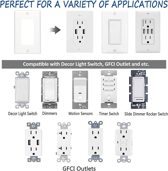 Light Switch GFCI Device Wallplate, Rocker Wall Plate Cover,Light Switch cover,Standard Size 1-Gang 4.50" x 2.76",Smooth Face,Unbreakable Polycarbonate Thermoplastic,UL Listed,2-Pack