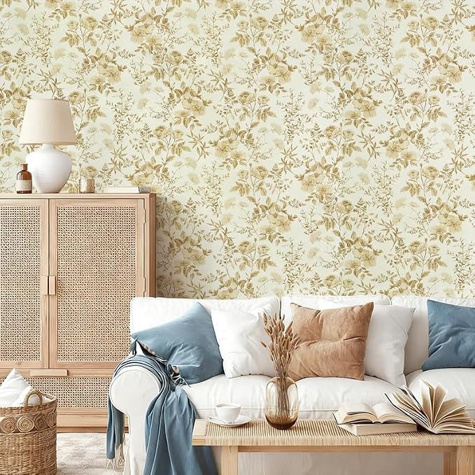 Erfoni 16.9" x394" Yellow Brown Floral Peel and Stick Wallpaper Boho Floral Leaf Contact Paper Flower Self Adhesive Wall Paper DIY Removable Decoration Wallpaper for Bedroom Accent Wall Covering