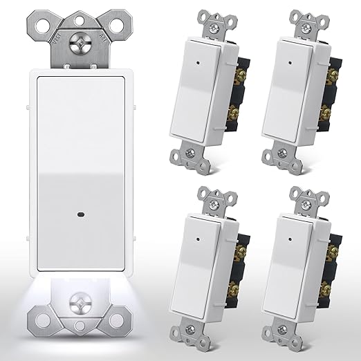 CML Illuminated Light Switch, 5 Pack Decorator Rocker Paddle Interrupter with Cool White LED Night Light, Single Pole Wall Lighted Switch with Automatic On/Off Sensor, 15A 120V, ETL Listed, White