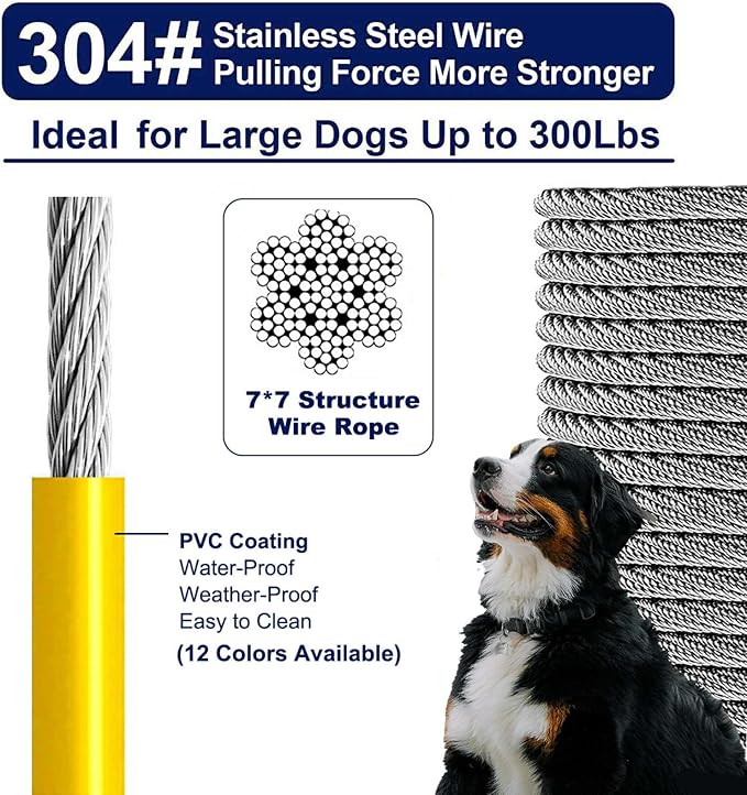 Tie Out Cable for Large Dogs, Dog Runner for Yard, Heavy Duty Swivel Hooks Lead Holds Break Strength of 1000lbs, Steel Wire Chain Dog Leash Cable for Yard (Yellow 50FT)