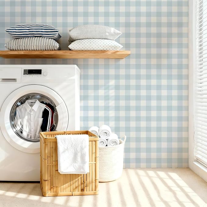 Plaid Wallpaper Peel and Stick, Blue, 17.7"x78.7" | Self Adhesive, Vinyl, Removable, Boho Contact Paper, Checkered Wall Paper for Bedroom, Living Room, Bathroom