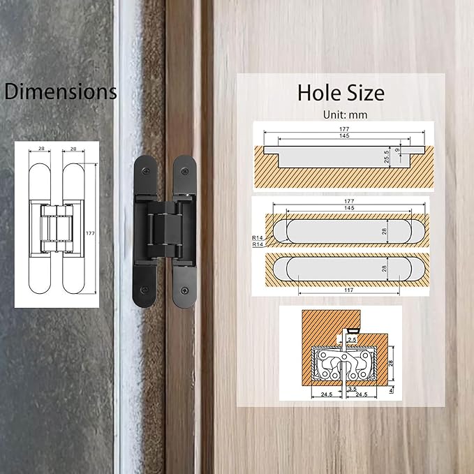 4-Pack 7 inch Black Hidden Door Hinges, Heavy Duty Zinc Alloy Concealed Hinges, Invisible 180 Degree Swing Hinge, 3 Way Adjustable Butt Hinge