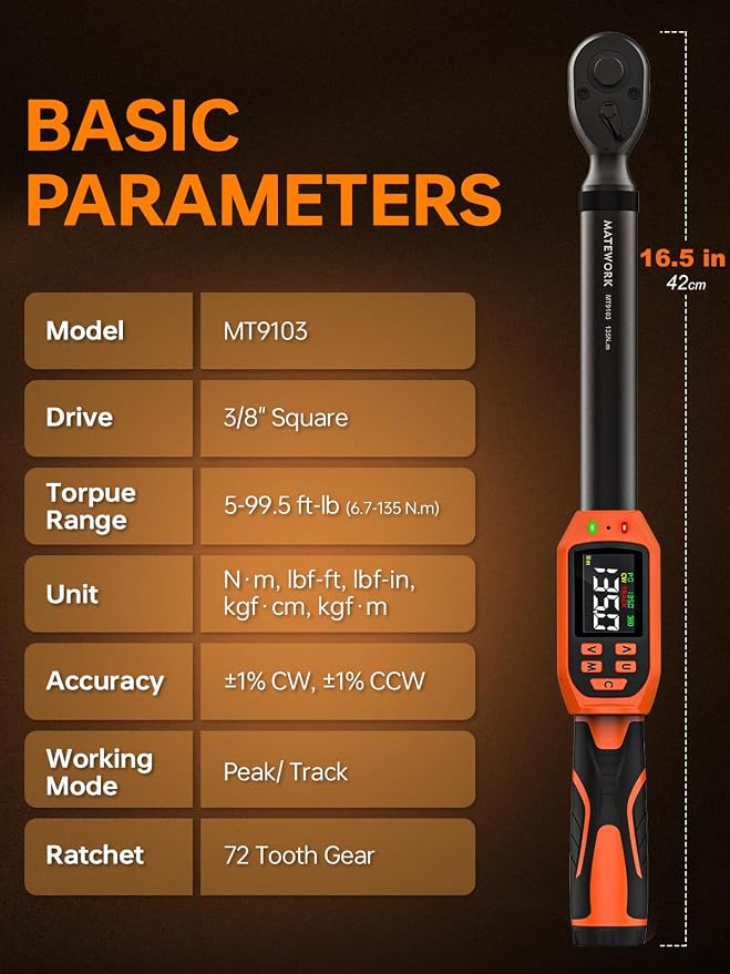 Matework Digital Torque Wrench 3/8" Drive, (5-99.5 Ft.Lb/6.7-135Nm), ±1% Accuracy Electric Torque Wrench Digital with 2 Extension Bars, Buzzer and LED Flash Alert, for Bike/Moto/Auto Repair