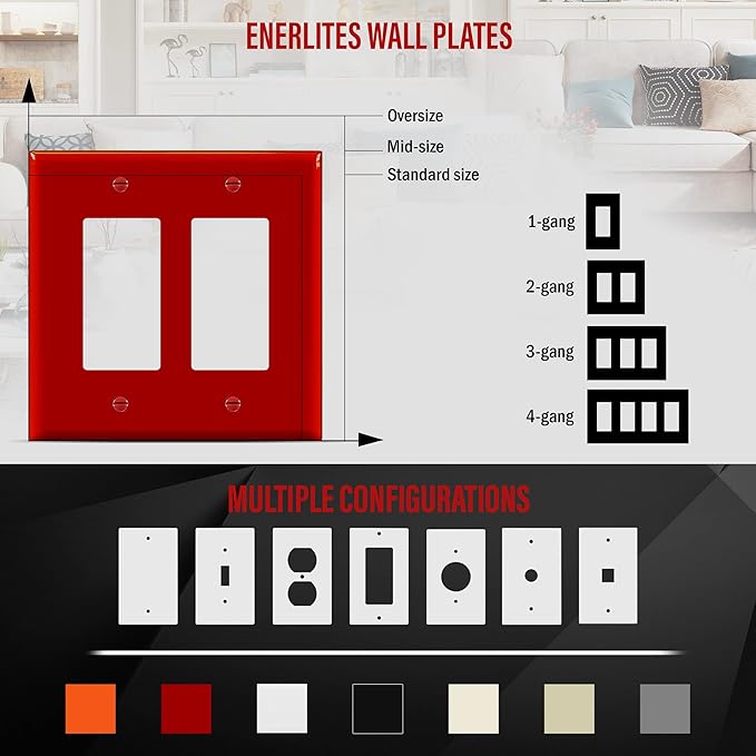 ENERLITES Decorator Light Switch or Receptacle Outlet Wall Plate, Mid-Size 2-Gang 4.88" x 4.92", Polycarbonate Thermoplastic, UL Listed, 8832M-R, Red
