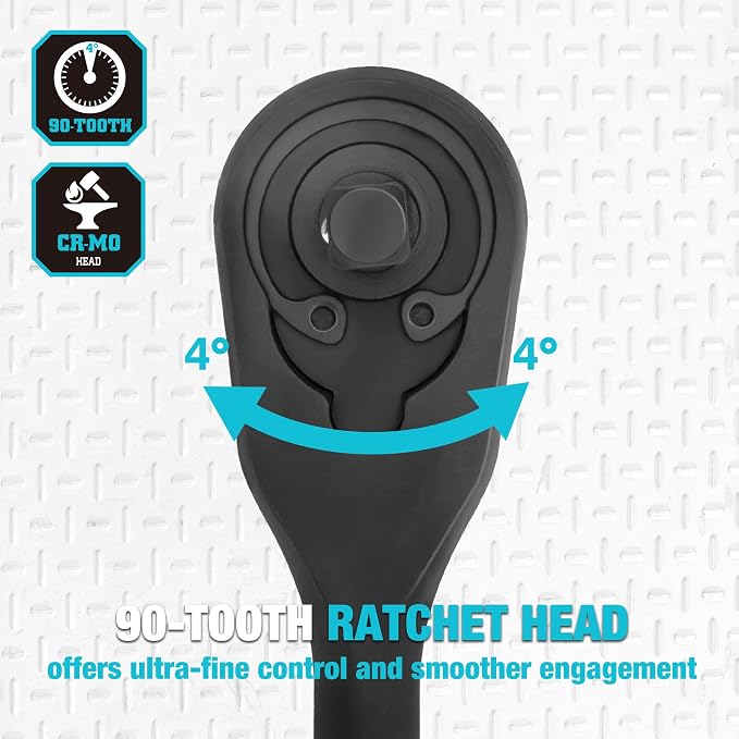 DURATECH Extra Long Handle 3/8-Inch Drive Ratchet, 90-Tooth Ratchet Wrench | Socket Wrench with 12" Handle and Dust Proof Teardrop Enclosed CR-MO Head, Reversible, CR-V Made, Black Mn Phosphate Finish