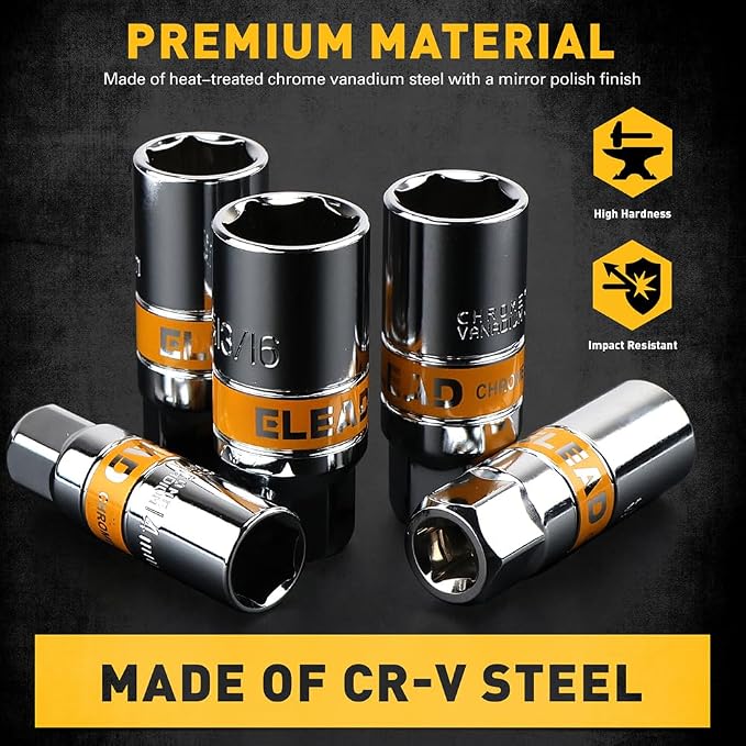6-Piece 3/8" Drive Spark Plug Socket Set with Spark Plug Gapper, SAE & Metric, 5/8", 3/4", 13/16", 14mm, 18mm, CR-V Sockets with Rubber Holding Rings