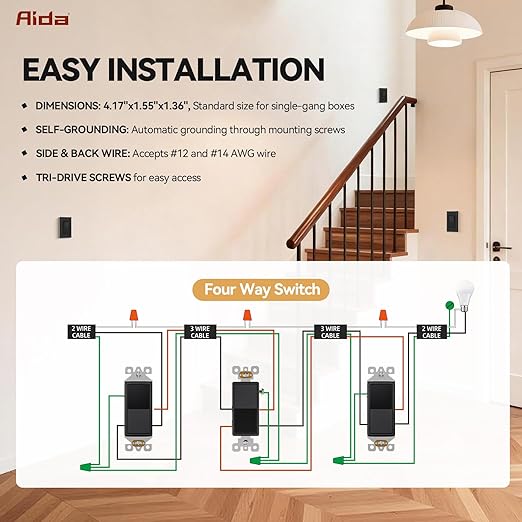 AIDA 4 Way Decorative Light Switch, 15Amp, 120/277 Volt, AC Decorator Rocker Wall Switch Replacement, Self-Grounding, Residential and Commercial Grade, UL Listed (10 Pack, Glossy Black)