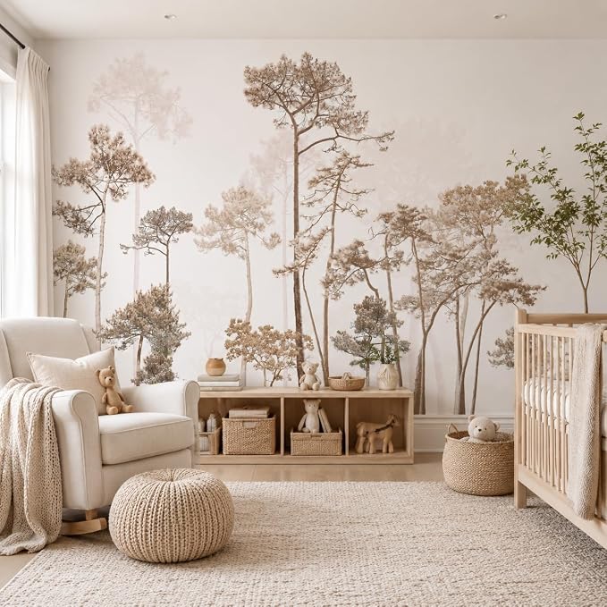 Vintage Forest Beige Wall Murals Peel and Stick 144" W x 100" H | Waterproof Canvas Self-Adhesive Removable Wallpaper Large Woodland Landscape Wall Art Decor for Bedroom Living Room