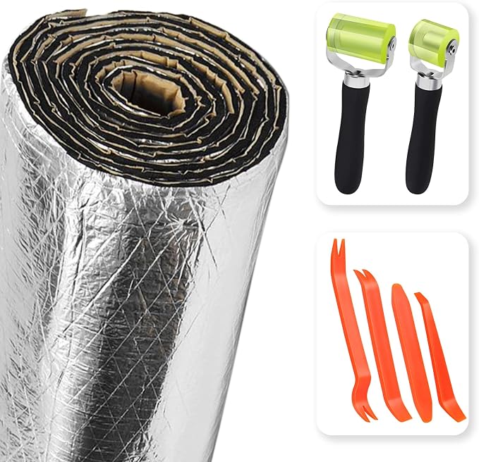 200mil 36 Sqft Self-Adhesive Car Sound Deadening Heat Shield Insulation Mat | Aluminum Foil PE Foam Dampening Mat, with Roller & 4 pcs Car Trim Removal Tools, for Car Doors, Floor, Roof, Hood, and Trunk