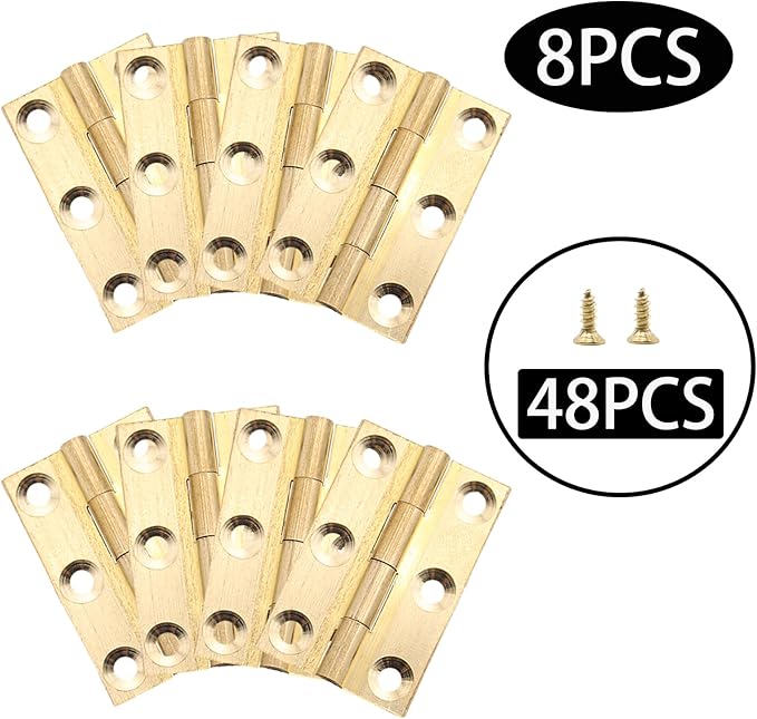 8 Pcs 24mmx37mm / 0.94" x 1.46" Gold Mini Hinges, 1.5 Inch Solid Brass Folding Butt Hinge, Cabinet Hinge for Jewelry Box, Drawer Cabinet Furniture