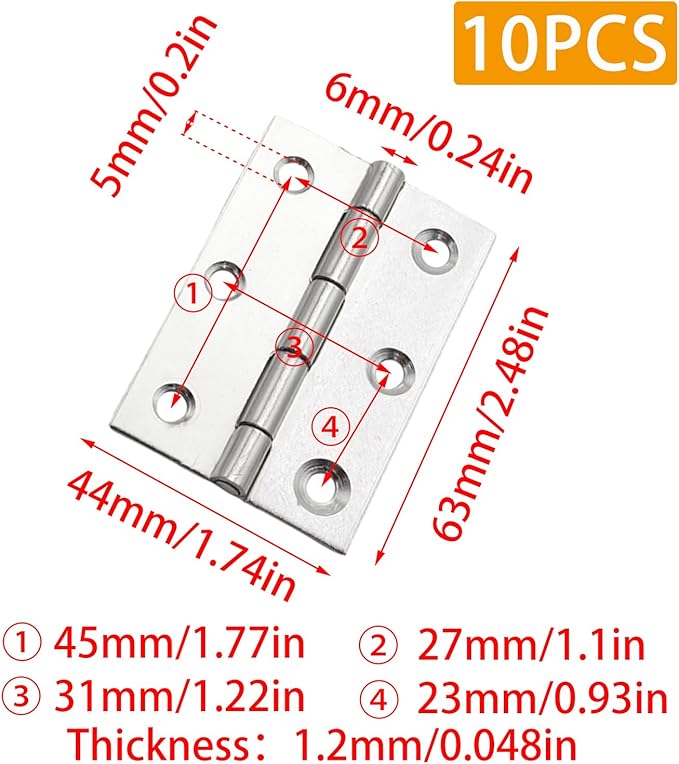 Pine & Linen 10 Pack Stainless Steel Folding Hinge, Butt Cabinet Hinge, Window Hinges Small Hinges with 60 Pieces Screws for Home Furniture/Cabinet Projects/DIY Enthusiasts（2.5 Inch）