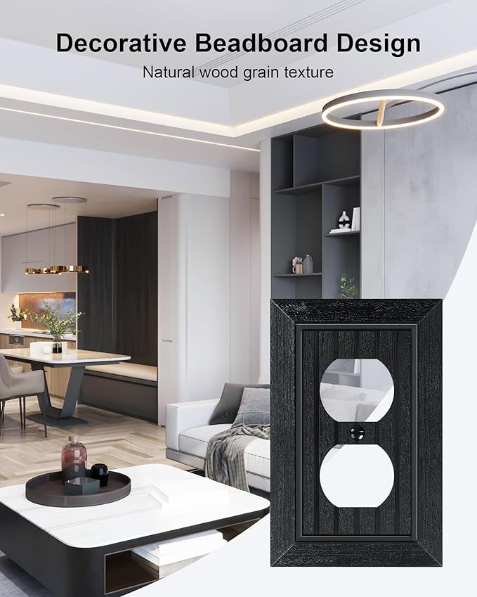 2-Pack Classic Beadboard Duplex Outlet Cover Plate, Decorative Unbreakable Polycarbonate Switch Plates and Outlet Covers, Matte Black Wall Plates for Electrical Outlets, 1 Gang Receptacle Cover
