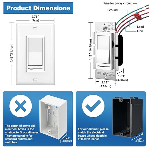 BESTTEN 20 Pack Dimmer Light Switch, Compatible with LED Dimmable Lamp, CFL, Incandescent, Halogen Bulb, Single Pole or 3 Way LED Slide Dimmer Switch, Decorator Wall Plate Included, UL Listed, White