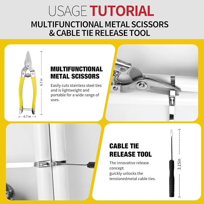 106PCS Heavy Duty 304 Stainless Steel Cable Tie Gun Kit, Includes 100PCS 11.8 Inch Metal Zip Ties, Self-Locking, UV & Corrosion Resistant, for Fence, Exhaust Pipe, Chicken Coop, Farm Use