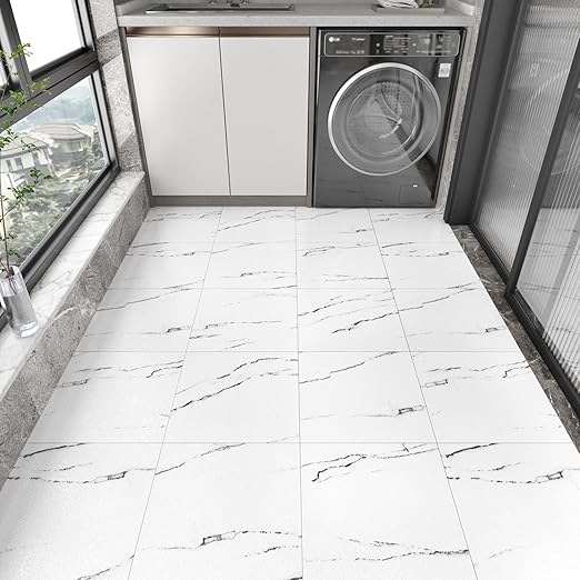 WESTICK 20 Tiles White Marble Floor Tile Bathroom Vinyl Tiles Peel and Stick Floor Waterproof Marble Vinyl Flooring Tile Removable Sticky Tile for Kitchen Bedroom Living Room Grey White 12" x 12"