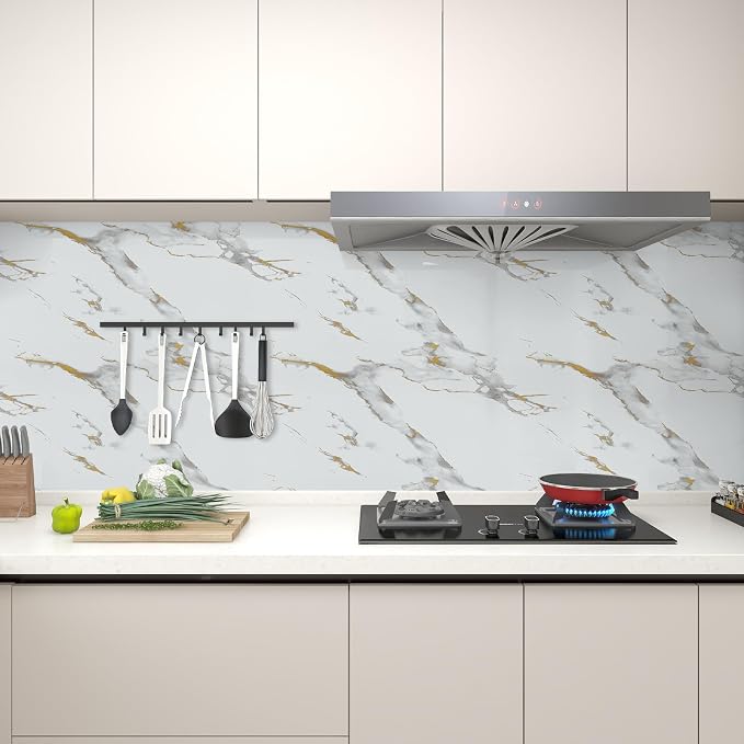practicalWs Glossy Marble Wallpaper Peel and Stick White/Gold Granite Contact Paper Removable Wall Paper for Kitchen Countertop Cabinet Furniture 17.7" x 196.8"