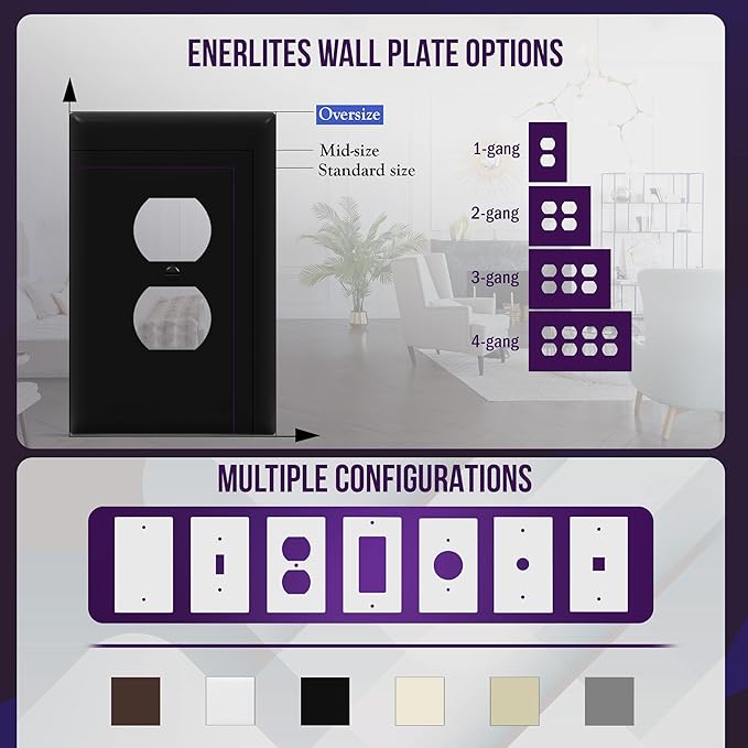 ENERLITES Duplex Receptacle Outlet Wall Plate, Jumbo Electrical Outlet Covers, Oversized 1-Gang 5.51" x 3.50", Polycarbonate Thermoplastic, 8821O-BK-10PCS, Glossy Finish, Black, 10 Pack