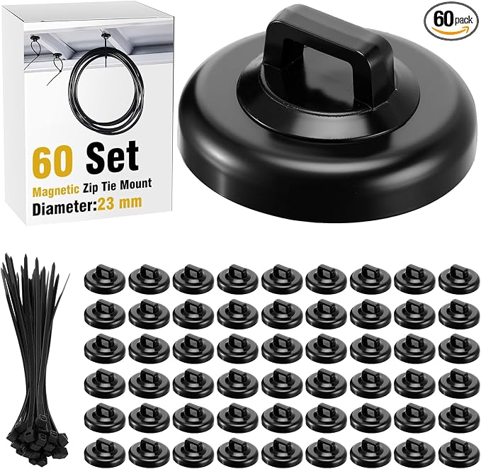 Leinuosen 60 Set Magnetic Zip Tie Mount and Nylon Cable Ties, 23 mm Multipurpose Wire Cable Holder Mount Wire Clips Management Electrical Organization Supplies (Black)