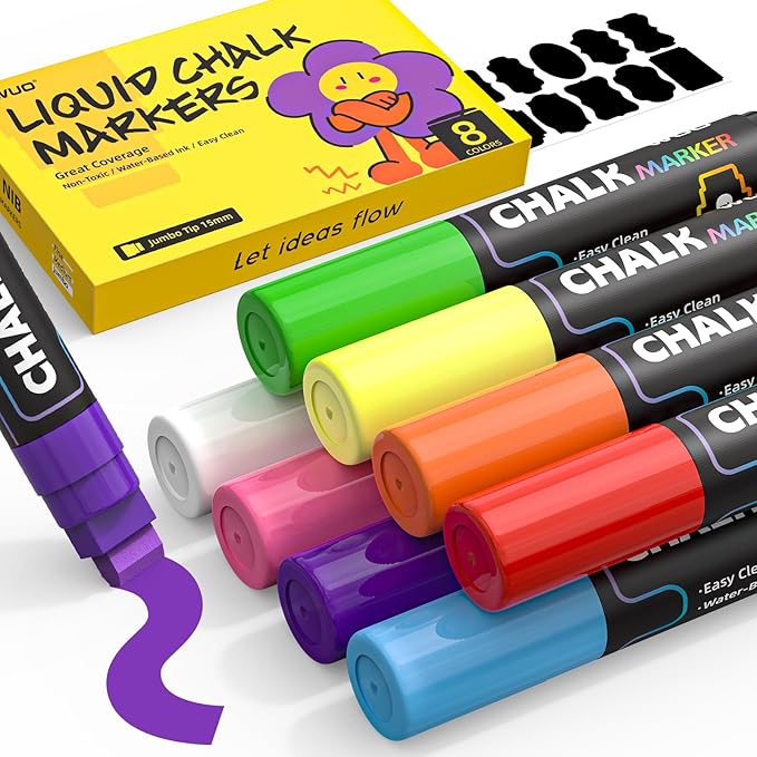 WUO 8 Colors Liquid Chalk Markers, 15mm Jumbo 3-in-1 Nib Window Chalk Markers, Washable Chalkboard Markers for Glass, Windows, Blackboards, Mirrors, Bistro Signage, and DIY Art Crafts