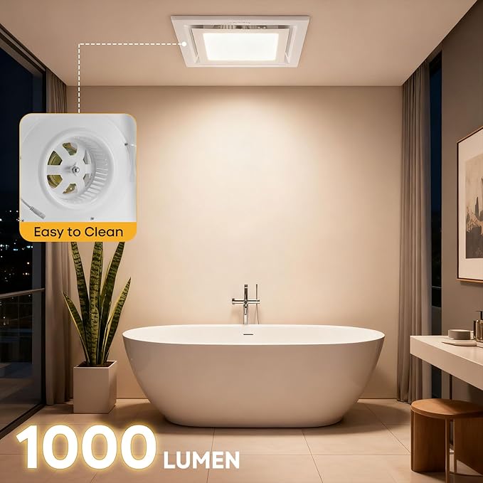 Bathroom Exhaust Fan with Light 10" Ultra Quiet 1.0 Sones,1000LM, 5CCT, Exhaust Fan Mounting Opening 8"x8" in 110CFM Bathroom Fan with Light Ceiling Mount for Home, Bath, Office