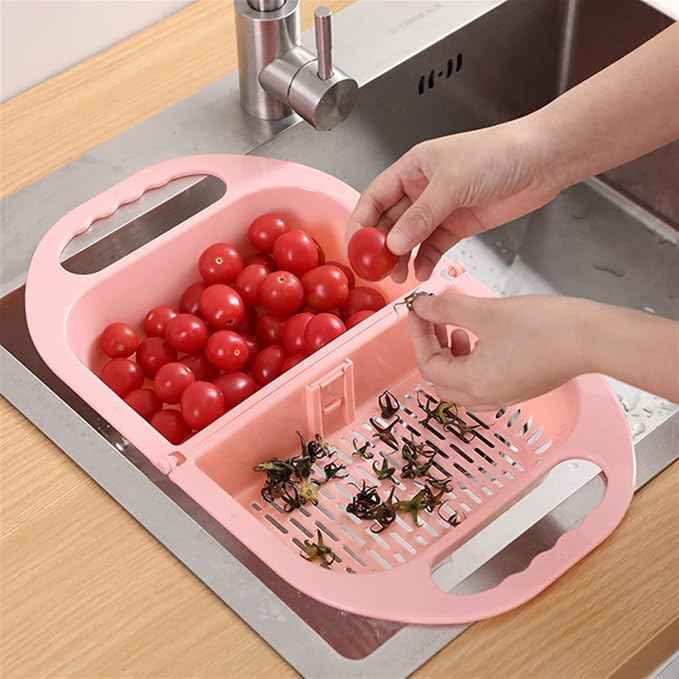 Kitchen Strainers Foldable Plastic Fruit Vegetable Washing Basket Sink Drain Bowl Dish Plate Tableware Storage Holder Kitchen Organizer Supplies(Pink)