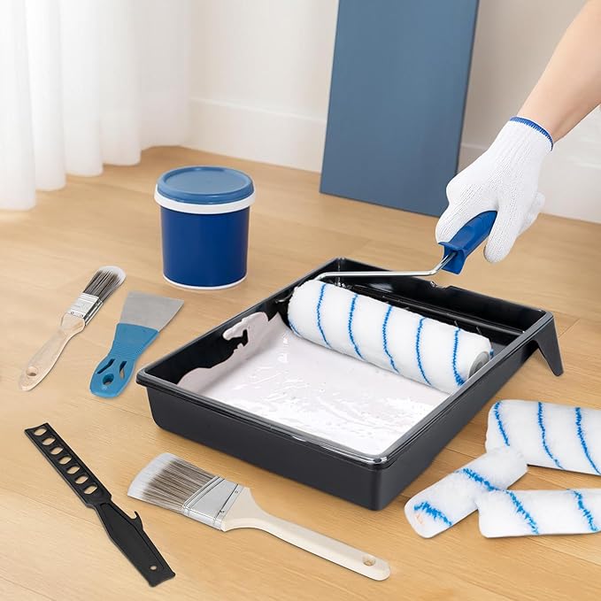 28 PCS Paint Roller Kit with Extension Pole, 4" 9" Paint Roller with Tray, Paint Brushes Set for Professional Painting, House Wall Ceiling Painting Supplies for All Latex and Oil Paints & Stains