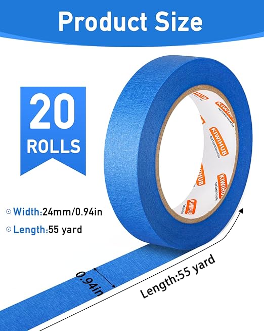 Blue Painters Tape - 20 Rolls Masking Tape 1 inch Wide, Multi-Surface No Residue Blue Tape for Walls, Painting, Packing & Automotive 0.94 Inch x 1100 Yards