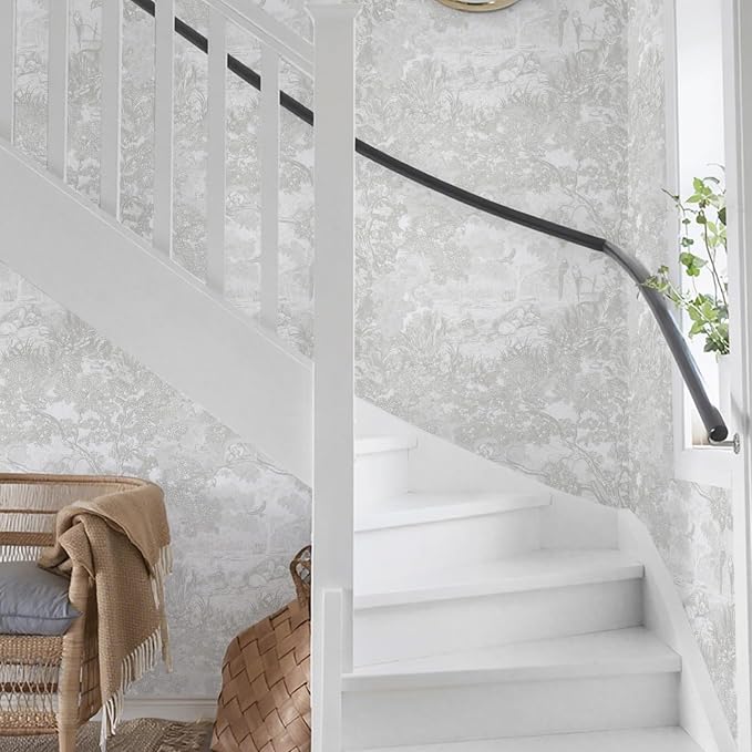 Ismoon Gray Peel and Stick Wallpaper Neutral Wall Paper 17.3in×6.56ft Vintage Removable Self-Adhesive Wallpaper Animals Jungle Contact Paper for Cabinets Bathroom Walls Covering Vinyl Roll
