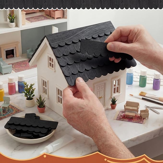 Wenqik 100 Strips Dollhouse Roof Shingles 4.25 x 1.14 Inches Each Mini Fish Scale Wooden Dollhouse Miniature Roofing for 1: 12 Scale Doll House Projects DIY Miniature Landscapes (Black)