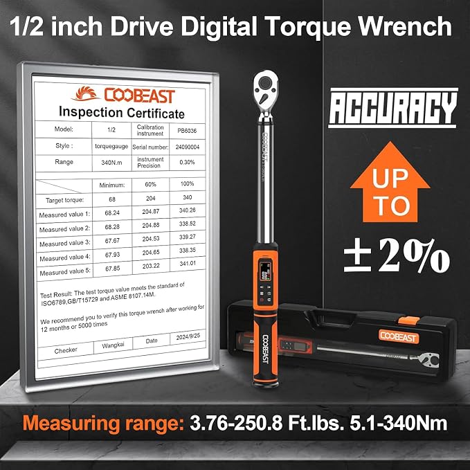 coobeast 1/2 Drive Digital Torque Wrench(3.76-250.8 Ft.lbs./5.1-340Nm) | Preset Value Torque Wrench with ±2% accuracy, Buzzer and LED Flash Five Units of Measure for Motorcycle, Auto Repair