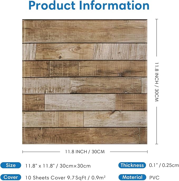 COMSTICKC Peel and Stick Faux Wood Wall Sticker Wall Panels, 10 Pcs of 12" x 12", Not Real Wood, Ultra-Light Thin PVC 3D Fake Wood Shiplap Self-Adhesive Wall Covering Wallpaper Interior Decor
