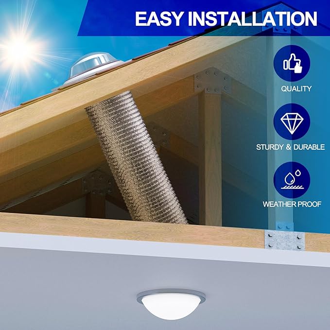 16 Inch Solar Tube Skylight, Tubular Daylight Roof Light with Acrylic Dome & Low-Profile Flashing, Flexible Reflective Tube for Bedroom, Hallway, Living Room & Interior Lighting