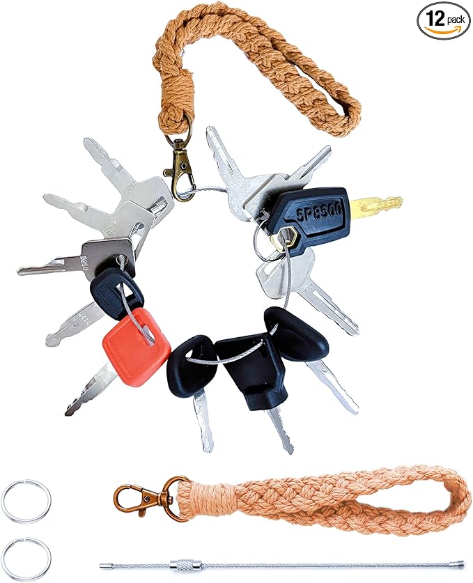 12 Heavy Construction Equipment Ignition Key Set for Caterpillar Case JD Hyster Komatsu Hitachi JCB Takeuchi Kubota Hyundai Kobelco Volvo, Comes with Keychain, Wrist Strap
