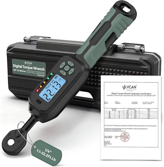 1/4 Torque Wrench Digital(1.1-22.2Ft.Lb) ±1% Average test accuracy Digital Torque Wrench 1/4 Drive with Buzzer and Colorful LED Indicator/Track Mode for Bike Moto Gunsmithing