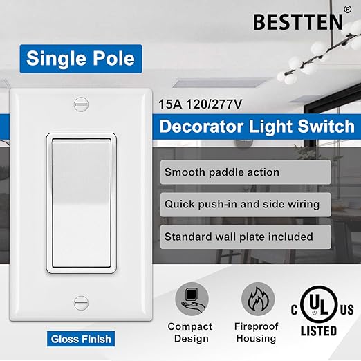 BESTTEN 60 Pack Single Pole Decorator Wall Light Switch with Wallplate, 15A 120/277V, On/Off Rocker Paddle Interrupter, UL Listed, White