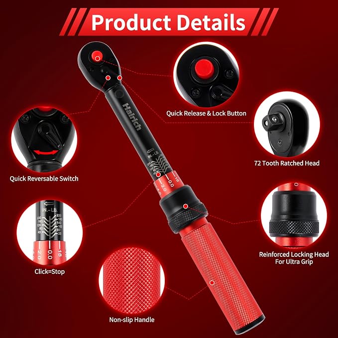 Hairich 1/4-Inch Torque Wrench, Dual-direction Small Torque Wrench 20-220in.lb/2.3-24.9Nm, 72 tooth High Precision Professional with Dual Range Scales | 72 tooth High Precision Professional with Dual Range Scales,Dual-direction Small Torque Wrench