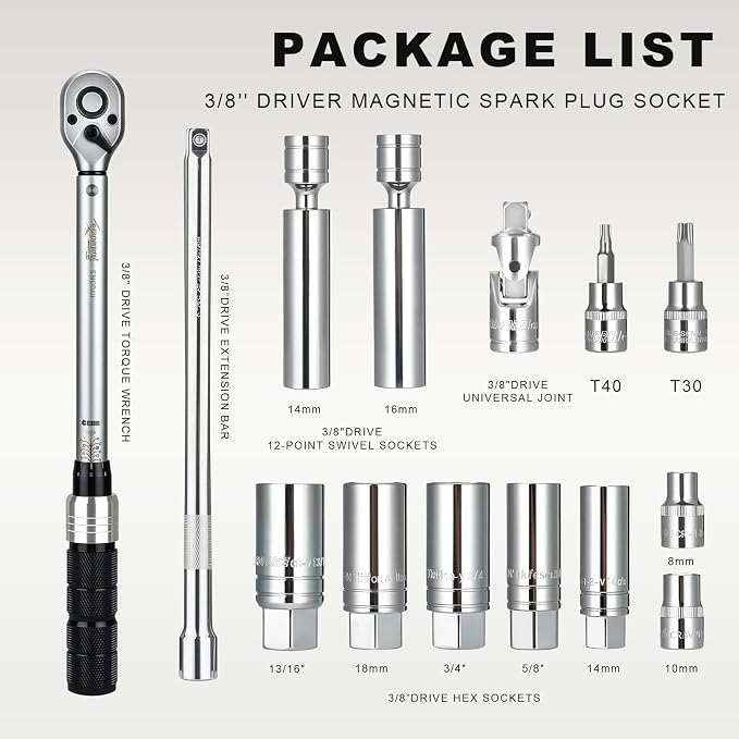 AEROFORCE 14PCS 3/8-Inch Drive Swivel Magnetic Spark Plug Socket Set with 3/8" Torque Wrench (5-45 Lb.ft/6.8-61.2 Nm), Universal Joint & Extension Bar - Durable CR-V Steel for Easy Spark Plug Removal