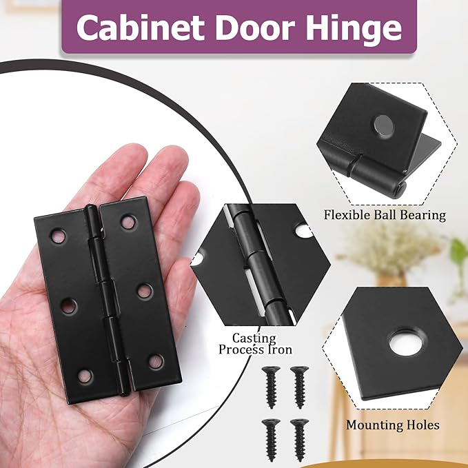 6pcs Butt Hinges Black Door Hinges, 2.87" x 1.73" Cabinet Door Hinge, Flat Folding Box Hinges for Jewelry, Wooden Box, Small Cupboard Furniture Hinges