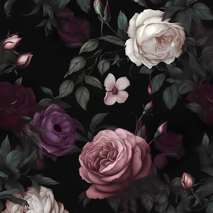 Fvlow Pink Rose Dark Floral Peel and Stick Wallpaper 17.4" x 394" | Renter Friendly, Removable & Waterproof, Vinyl Easy Install for Bedrooms, Bathrooms, Kitchens, Cabinets and Home Decor